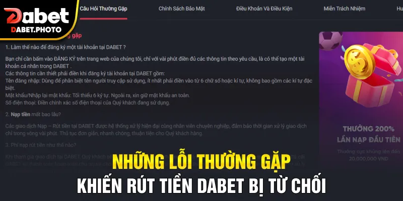Những lỗi thường gặp khiến rút tiền Dabet bị từ chối
